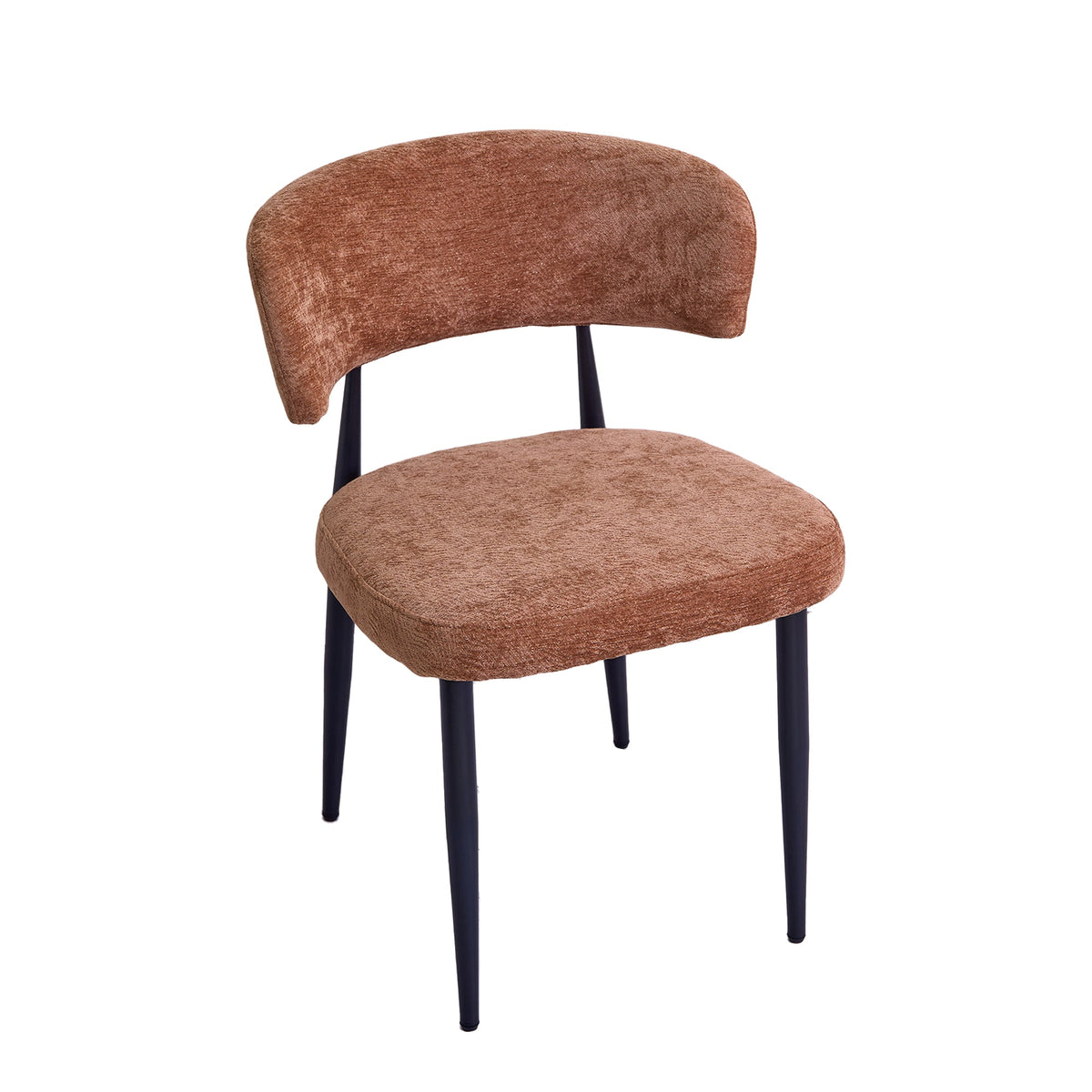 Four brown modern dining chairs, thick chenille soft cushion seats, ergonomic curved backrests, easy to assemble, easy to clean, suitable for use in family restaurants, cafes and small taverns.