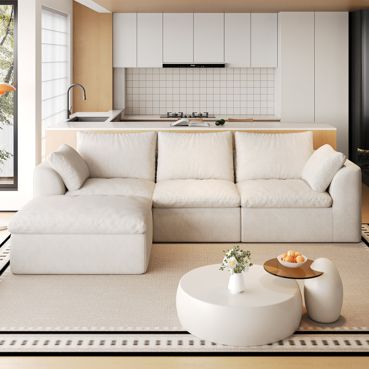 108.3'L‑Shaped 3‑Seat Modular Sectional Sofa with Single Chaise, Oversized Deep‑Seat Corner Couch, Vacuum Compressed Tool‑Free Assembly, Textured Woven Fabric Large Sofa for Living Room, White
