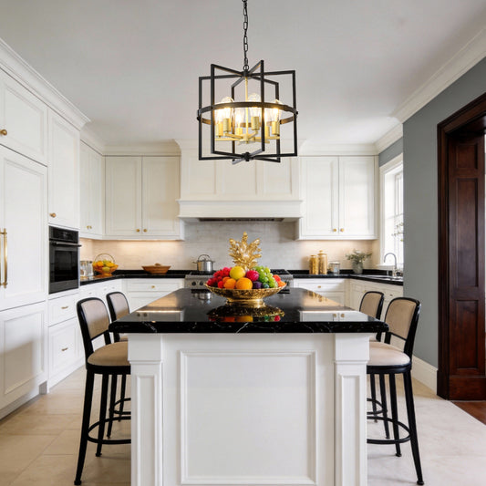 6-Light Metal Lantern Tiered Pendant Hanging Light Fixtures, Industrial Farmhouse Adjustable Height Chandeliers for Dining Room Hallway Foyer Entryway--Matte Black + GOLD (E26 Bulbs Not Included)
