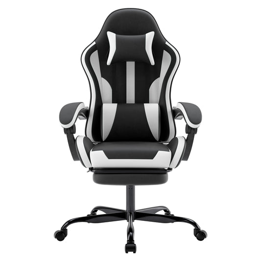Gaming Chair, Ergonomic Computer Chair with Footrest and Lumbar Support, Height Adjustable Game Chair with 360°-Swivel Seat and Headrest and for Office or Gaming Blackwhite