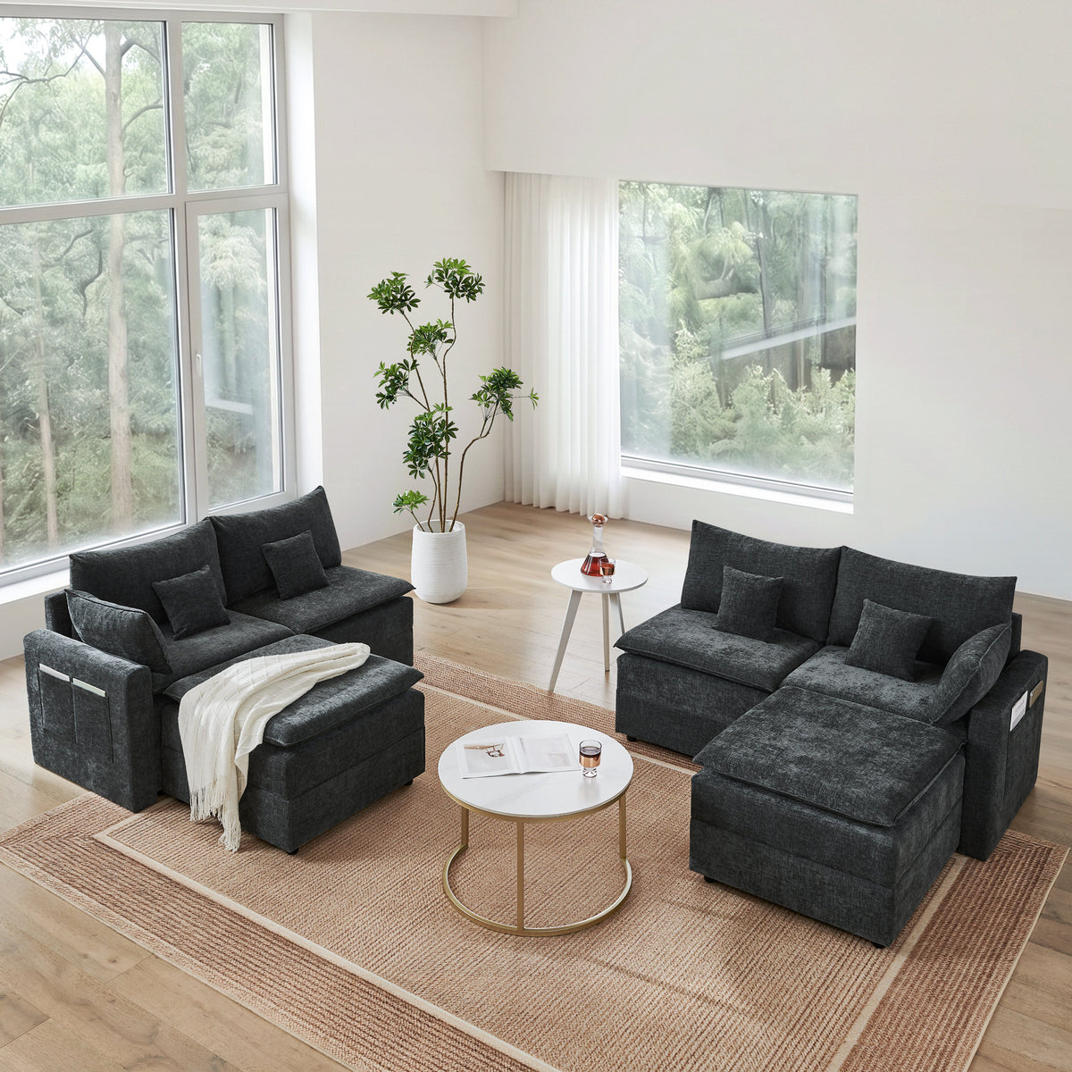 132' Cloud Modular Sectional Sofa, Deep Seat U Shaped Couch with Ottoman, Chenille Upholstered Sofa with Chaise, Plush Cushions, 6 Seat Modern Comfy Couch for Living Room & Apartment, Black