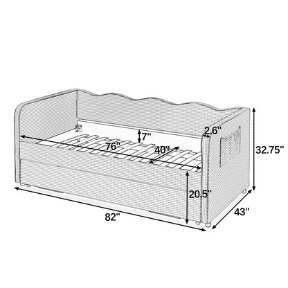 Twin‑Size Daybed, Gingham Upholstered 3‑in‑1 Versatile Convertible Sofa Bed with Pull‑Out Trundle & Side Storage Pockets, Ideal for Multiple Room Layouts and Small‑Space Living-Pink