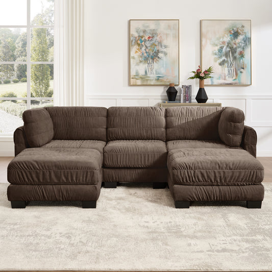 3 Seat Ruched Detailing Chenille Modular Sectional Sofa,Movable 2 Ottomans,High-Density Foam,L Shape Thickened  Back Cushions,Easy Assembly,For Living Room,Bedroom,Brown