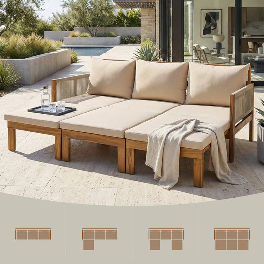 Outdoor Daybed Patio Sofa Bed 3 Seat Patio Sunbed Outdoor Sleeper Sofa Outdoor Couch for Patio, Backyard, Pool(Old SKU:N719Z000220D), Natural Wood+Brown Cushion
