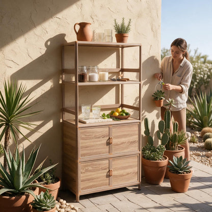 Tall Storage Cabinet with Open Shelving, 35.00" W x 16.73" D x 68.11" H, Freestanding Wood-Grain Aluminum Storage Cabinet with 4-Door Closed Storage for Kitchen, Entryway, Patio & Garage