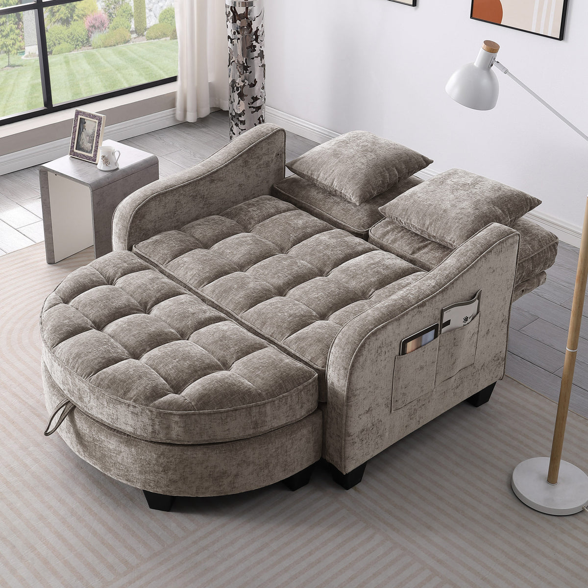 Two-seater sofa, double sofa chaise longue, with irregular armrests and backrests, footrest with storage space – Brown