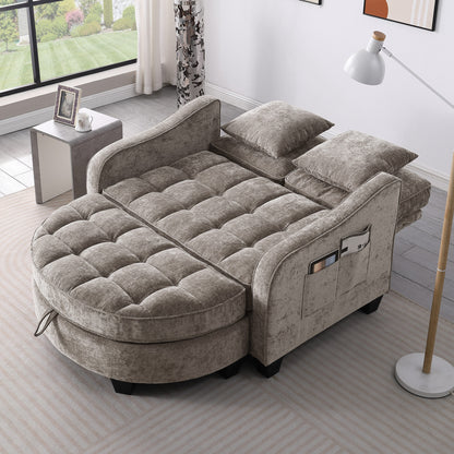 Two-seater sofa, double sofa chaise longue, with irregular armrests and backrests, footrest with storage space – Brown