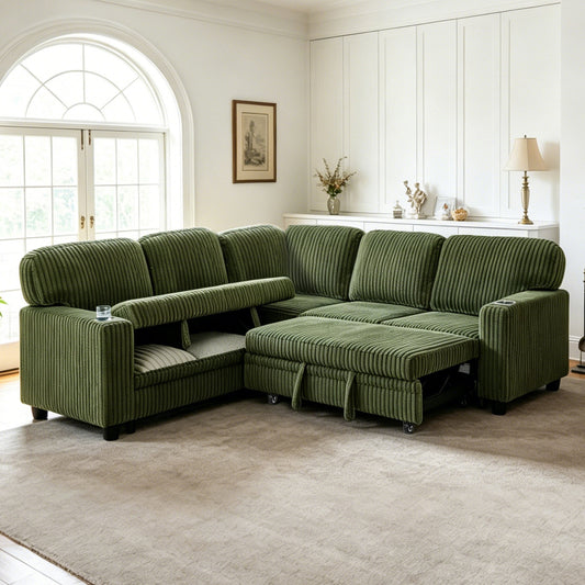 L-Shaped Sectional Sofa Bed with Pull-Out Bed & Storage, 5-Seat Sleeper Couch with USB Charging, Convertible Design, Corduroy Fabric