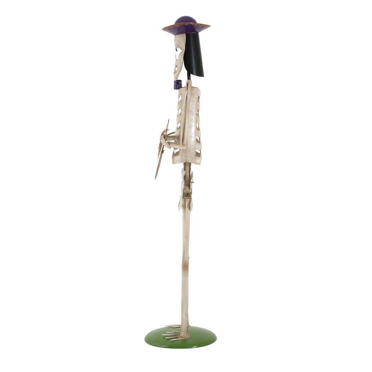 Halloween Skeleton Guitar Yard Decoration, 61.8 Inch Metal Statue with Purple Hat and Bow Tie in Ivory White for Outdoor Porch, Lawn, and Party Decor