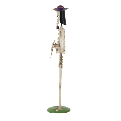 Halloween Skeleton Guitar Yard Decoration, 61.8 Inch Metal Statue with Purple Hat and Bow Tie in Ivory White for Outdoor Porch, Lawn, and Party Decor