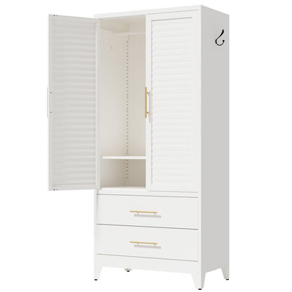 White Metal Wardrobe Closet with 2 Doors and Drawers, 71″ Tall Storage Cabinet, Lightweight Portable Closet for Small Apartments, Renters