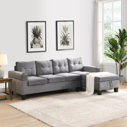 Sectional Sofa Set for Living Room with L Shape Chaise Lounge ,cup holder and Right Hand with Storage Chaise Modern 4 Seat (Grey) --RIGHT CHAISE WITH STORAGE