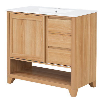 [Video] 36" Bathroom Vanity with Ceramic Sink, Bathroom Cabinet with Drawers, Solid Wood Legs, Soft-close Slides, Single Package, Natural