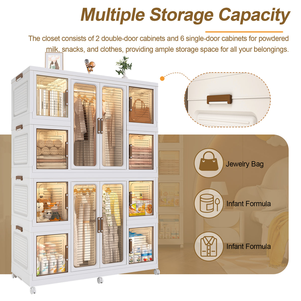 Portable Wardrobe Closet Storage Organizer for Clothes with Magnetic Doors, 12 Cubes & 2 Hanging Rods, White