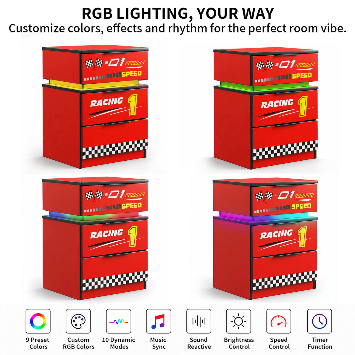 Kids Racing Car 3-Drawer Nightstand with Smart RGB LED Light, App/Remote/Music Sync Bedside Storage Cabinet, Fully KD