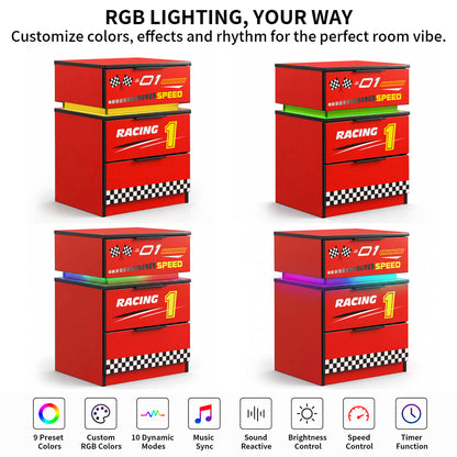 Kids Racing Car 3-Drawer Nightstand with Smart RGB LED Light, App/Remote/Music Sync Bedside Storage Cabinet, Fully KD