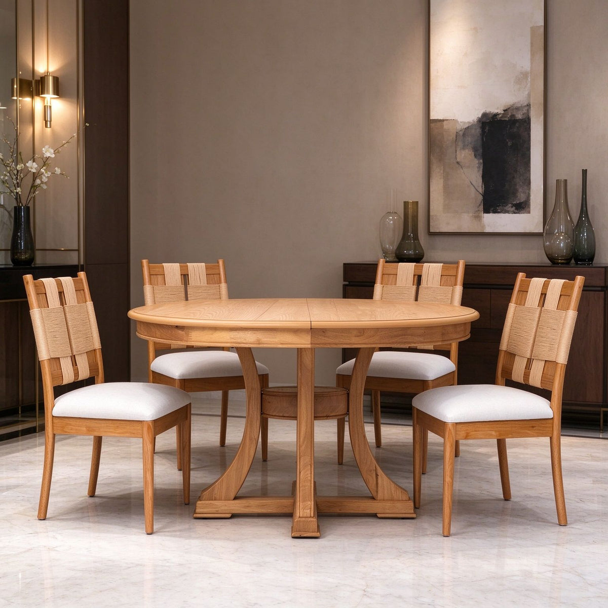 Solid Wood Round Extendable Dining Table 5-pieces Set with  Woven Back Dining Chairs,Natural Oak Finish Dinner Table Set with 4 Upholstered Cushion Seats for Kitchen Dining Room