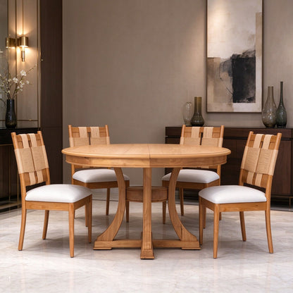 Solid Wood Round Extendable Dining Table 5-pieces Set with  Woven Back Dining Chairs,Natural Oak Finish Dinner Table Set with 4 Upholstered Cushion Seats for Kitchen Dining Room