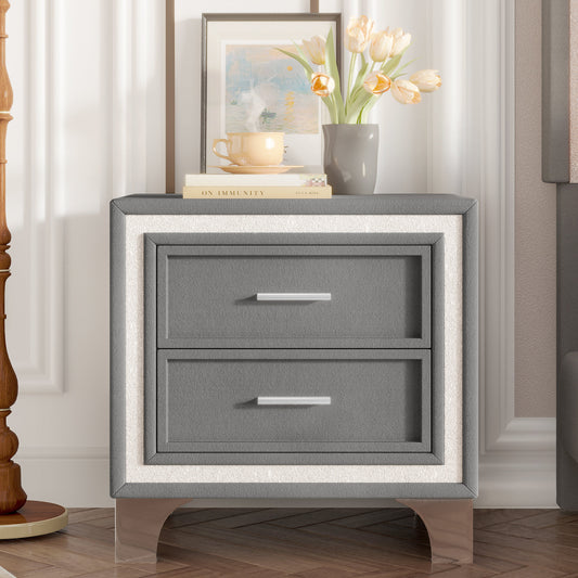 Mid Century Vintage Nightstand with Silver Glitter Strip Decor and Metal Legs, Velvet Bedside Table with 2 Drawers