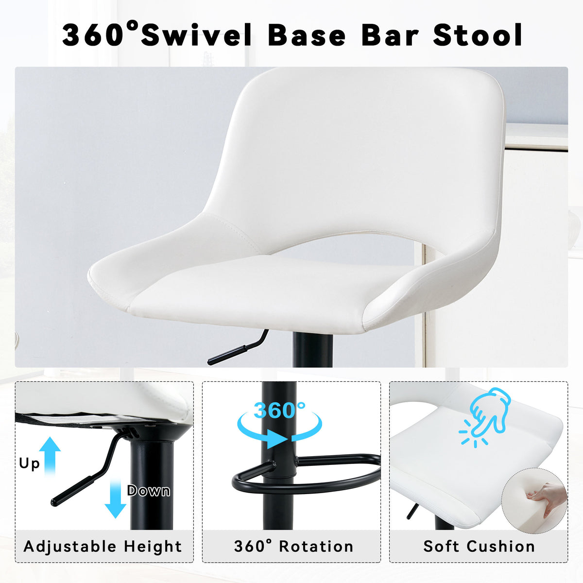 Modern Swivel Adjustable Bar Stools Set - 2 Pack, White PU Material, with Footrest, Holds Up to 250 lbs