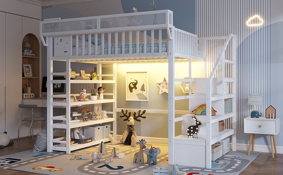 Full Loft Bed with 4 Shelf Storage Rack and Charging Station,Metal Full Loft Bed with Stairs Storage for Kids Teens, Patent Products,White(Old skuW2580S00075)