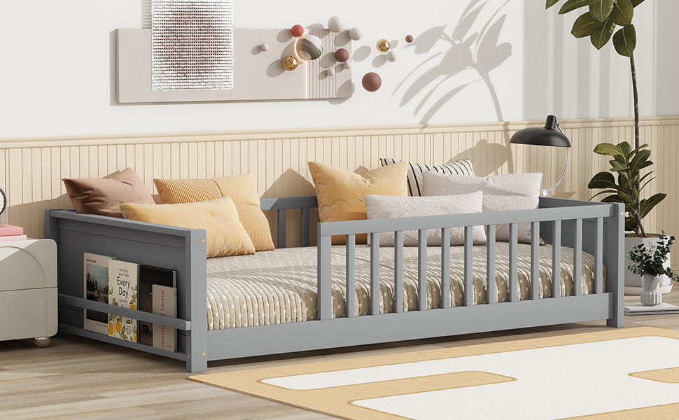 Twin size Floor Platform Bed with Built-in Book Rack, Grey