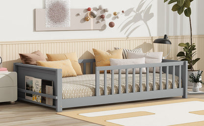 Twin size Floor Platform Bed with Built-in Book Rack, Grey