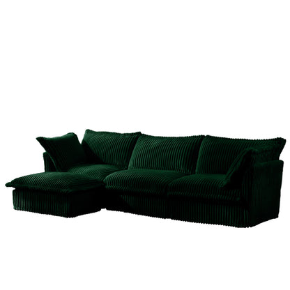 L-Shaped Slipcovered Sectional Sofa Couch, Comfy Deep Seat Cloud Couch with Convertible Ottoman & 2 Big Pillows, Modern Oversized 3 Seater Slipcovered Sofa Set for Living Room Office, Green Corduroy
