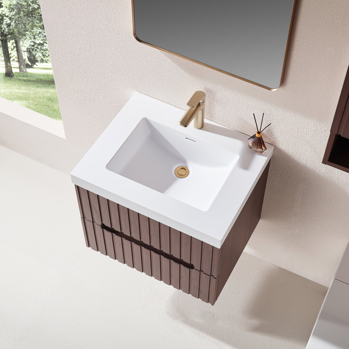 24' Wall Mounted & Floating Single Dark Walnut Bathroom Vanity with Acrylic Integrated White Basin, Pre-assembled Plywood Cabinet With 2 Drawers