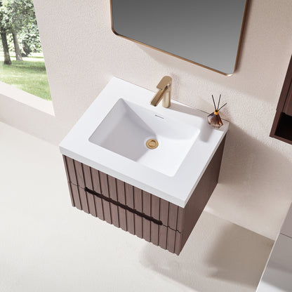 24' Wall Mounted & Floating Single Dark Walnut Bathroom Vanity with Acrylic Integrated White Basin, Pre-assembled Plywood Cabinet With 2 Drawers