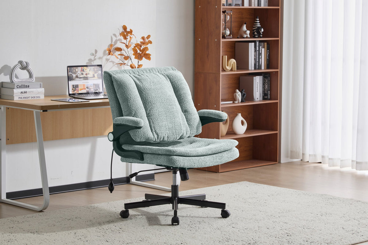 Criss Cross Legged Office Chair with Flip-Up Back Built-In Dynamic Airbag Lumbar Support, Wide Seat Desk Chair with Flip-Up Arms and Wheels, Modern Cross-Leg Chair for Home Office, Vanity, Light Green