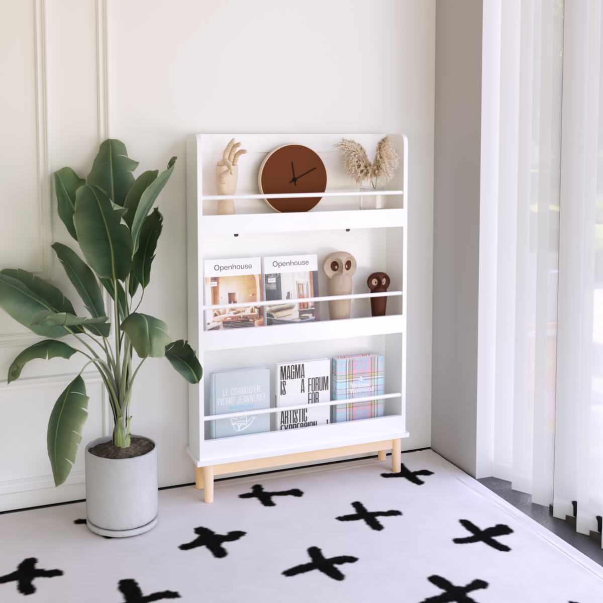 Wall-Mounted Kids Bookshelf with 3 Front-Facing Display Shelves, Modern White Book Rack with Natural Wood Base for Toddler Bedroom