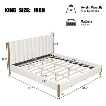 King Size Bed Frame with Boucle Upholstered Thick Headboard, Solid Wooden Legs, White