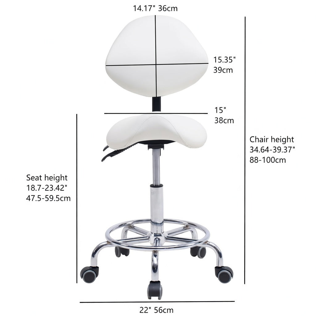 Saddle Stool Chair with Backrest Swivel Hydraulic Ergonomic Tilt Seat Chair with Wheels Footrest for Medical Hospital Clinic Dental-WHITE