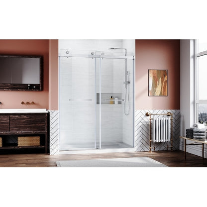 Brushed Nickel 56-60 in.W x 76 in.H 1/4"(6mm) Frameless Sliding Door Bypass Glass Sliding Shower Doors Clear Tempered Glass,Heavy Duty Stainless Steel Hardwares 2pcs Rectangle Handles,