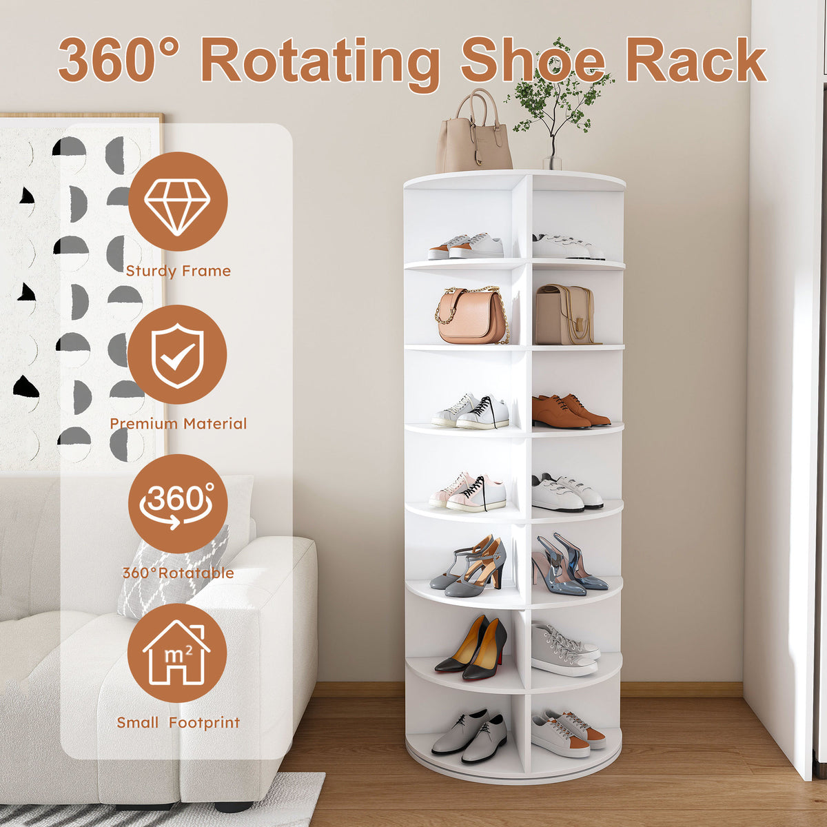 Rotating Shoe Rack Tower, 7-Tier Spinning Storage Rack, Free Standing 360° Revolving Shoe Organizer, Holds 28 Pairs of Shoes (7-Tier, White)