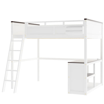 White Queen Size Loft Bed with Desk, Open Shelf, Storage Box and USB Charging Station, Pine+MDF