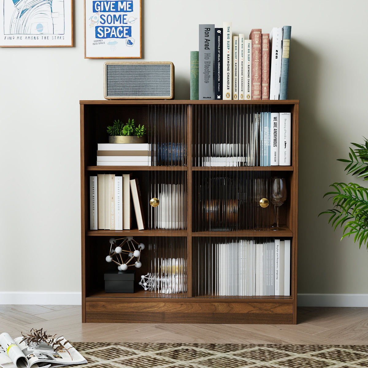 Bookshelf with 2-Door  Glass Cabinet, 3-Tier Open Storage Book Case, Modern Display Storage Cabinet for Living Room, Home Office