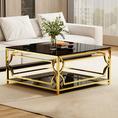Square Glass Coffee Table in 33.5", Luxurious Geometric Metal Frame, Gold Finish & Lower Shelf