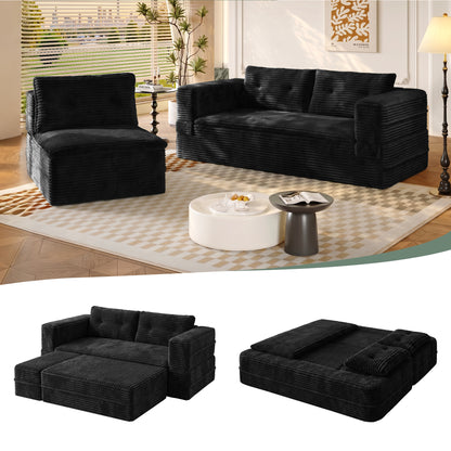 80' King Size Sleeper Sofa Bed, Plush Corduroy Deep Seat Sofa Couch with Independent Chaise and Functional Blanket,Convertible Oversized Chaise Lounge,Black