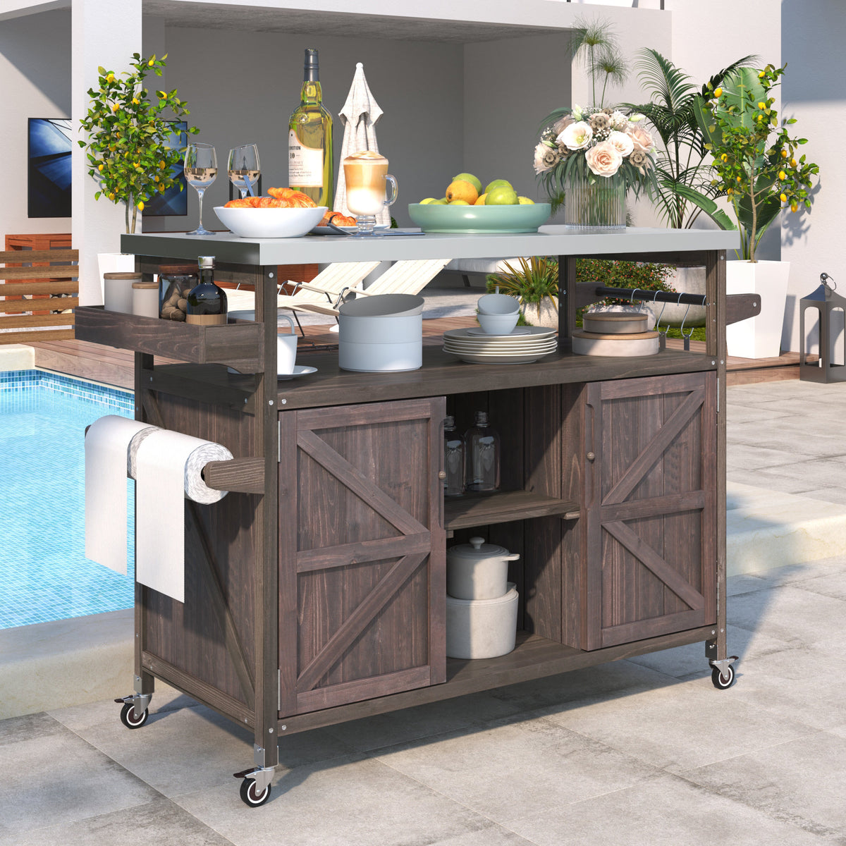 K&K Outdoor Kitchen Island, Rolling Bar Cart & Storage Cabinet, Farmhouse Solid Wood Outdoor Grill Table with Stainless Steel Top – Brown