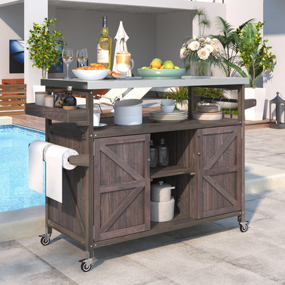 K&K Outdoor Kitchen Island, Rolling Bar Cart & Storage Cabinet, Farmhouse Solid Wood Outdoor Grill Table with Stainless Steel Top – Brown