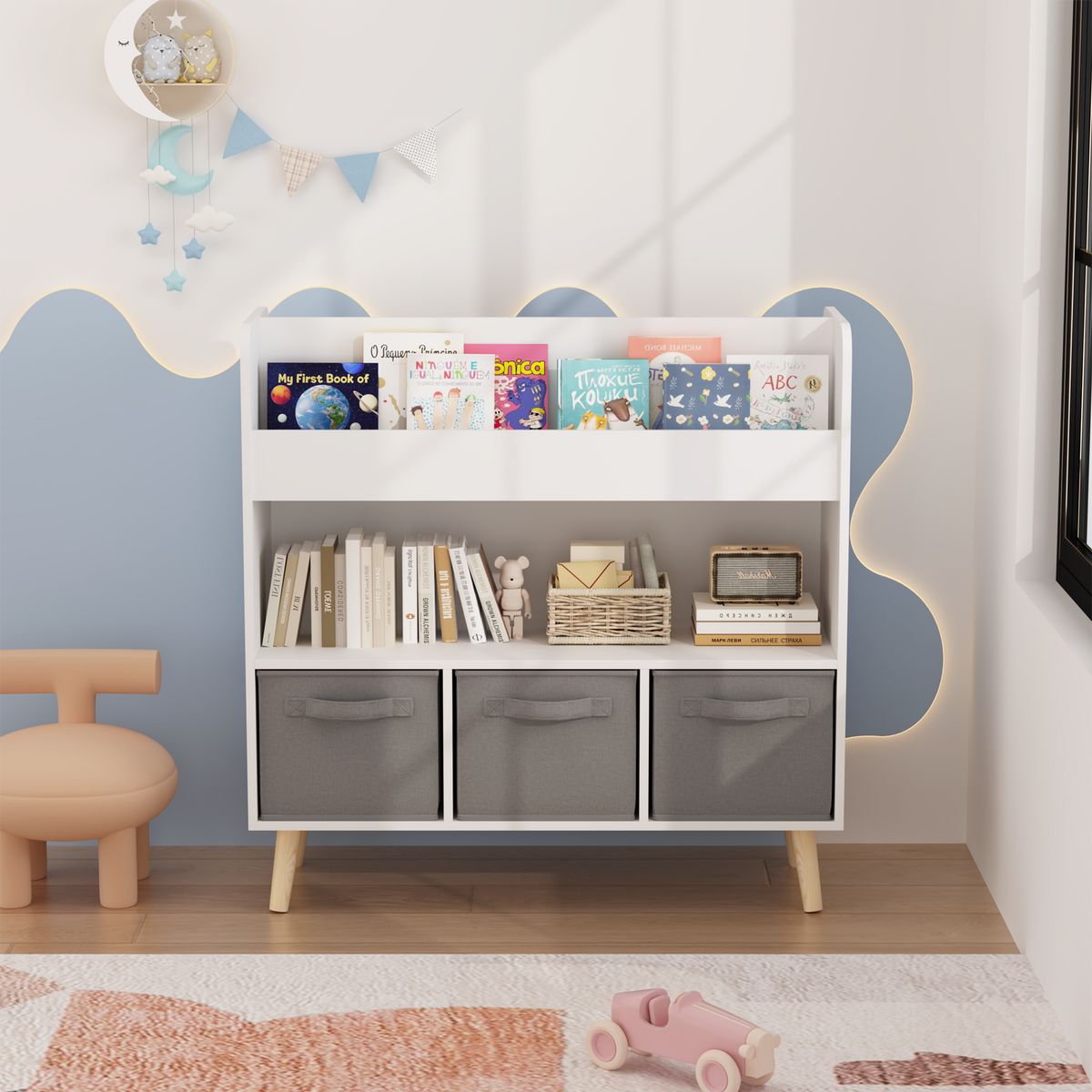 Kids Bookshelf with 3 Fabric Bins, Modern Children's Bookcase with Storage for Toys and Books, Toddler Book Organizer Shelf for Playroom, Bedroom, or Nursery, White and Gray