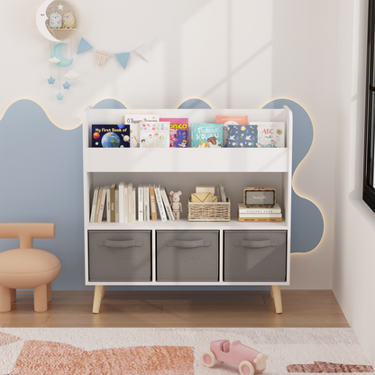Kids Bookshelf with 3 Fabric Bins, Modern Children's Bookcase with Storage for Toys and Books, Toddler Book Organizer Shelf for Playroom, Bedroom, or Nursery, White and Gray