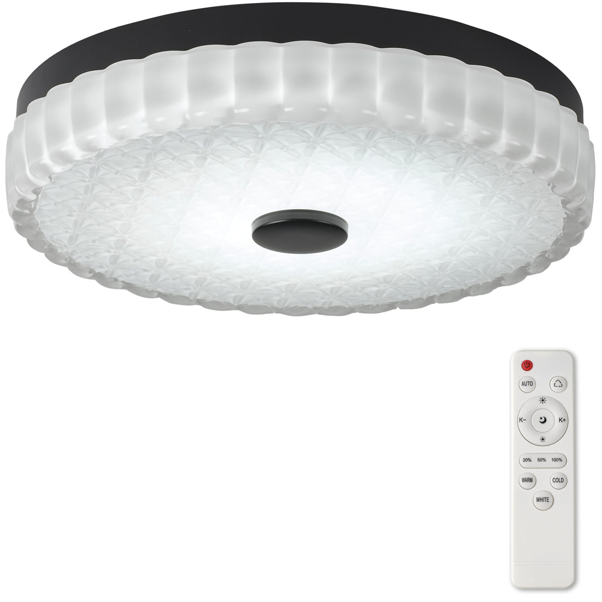 11.81" Flush Mount LED Ceiling Light, Black, 25W Dimmable with Remote Control, Metal Base & Glass Shade, CRI>90