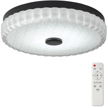11.81" Flush Mount LED Ceiling Light, Black, 25W Dimmable with Remote Control, Metal Base & Glass Shade, CRI>90