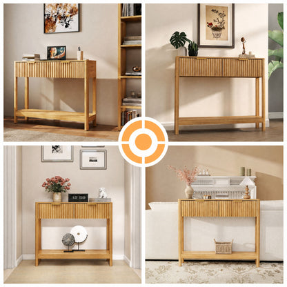 Mid-Century Modern Fluted Console Table with 2 Drawers & Open Shelf, Oak Finish Narrow Entryway Table, Slim Sofa Table for Hallway, Living Room, Small Spaces, Easy Assembly