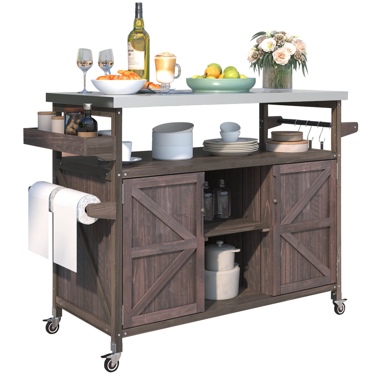 K&K Outdoor Kitchen Island, Rolling Bar Cart & Storage Cabinet, Farmhouse Solid Wood Outdoor Grill Table with Stainless Steel Top – Brown