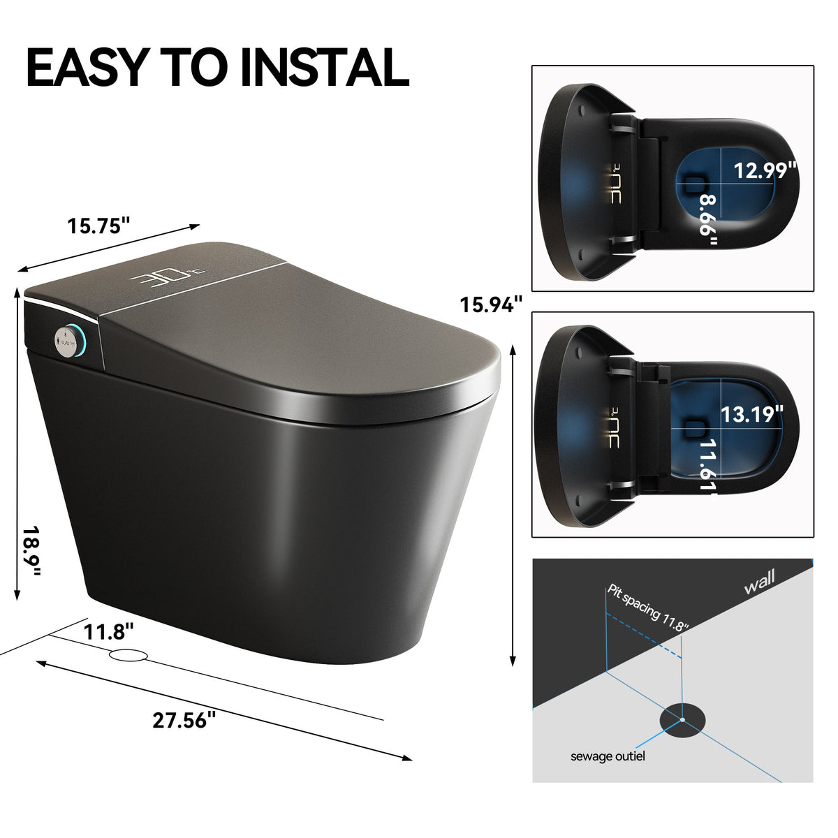 Smart Bidet Toilet with Auto Open/Close Seat, Warm Water Wash, Heated Seat, and Dryer in Black Ceramic, One-Piece Design