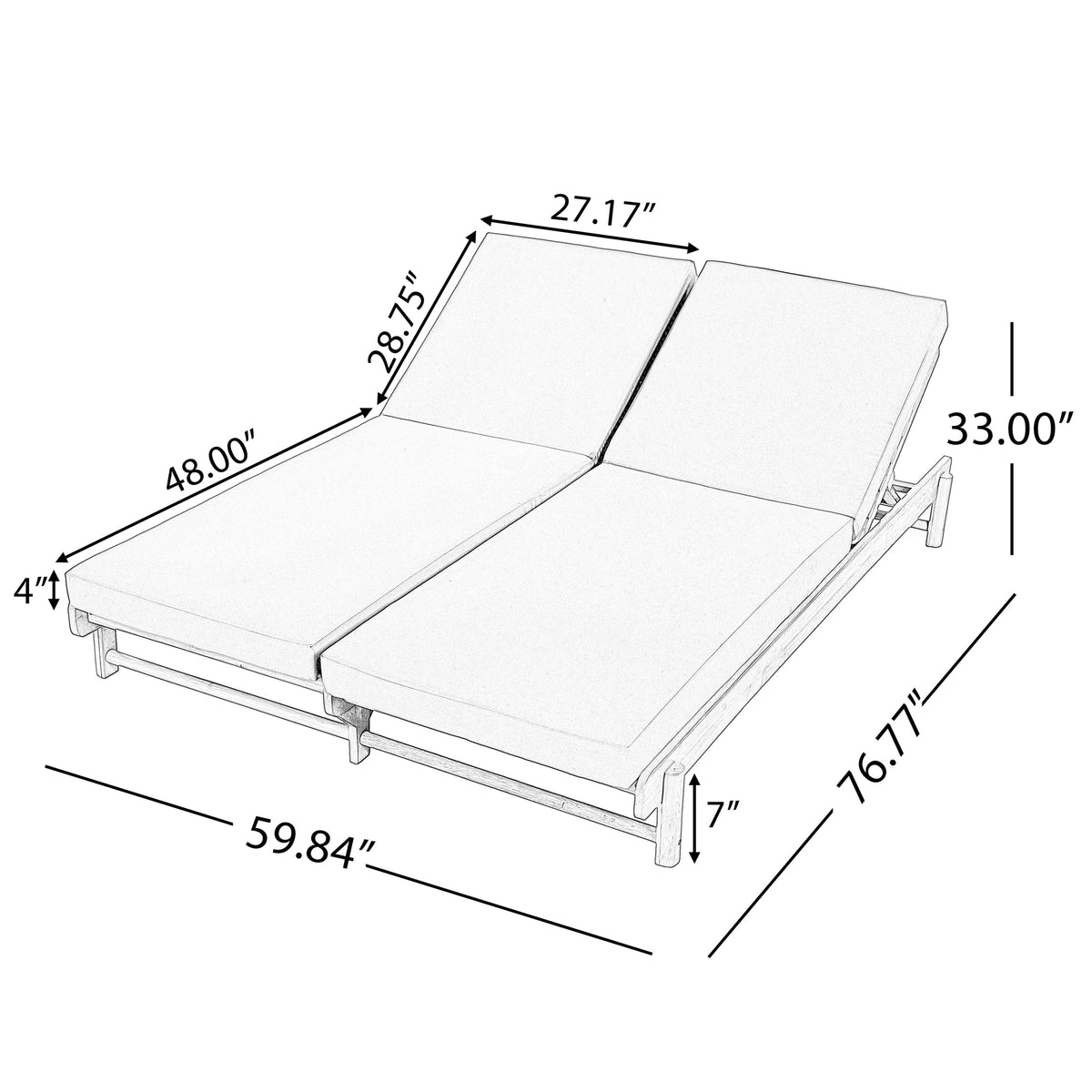 Light Teak Acacia Wood Double Chaise Lounger Set: 1 Frame + 2 Dark Grey Cushions, 800 lbs Capacity, 3-Position Adjustable Backrest, 4" Thick 2-Fold Water-Resistant Cushions for Patio Poolside Backyard